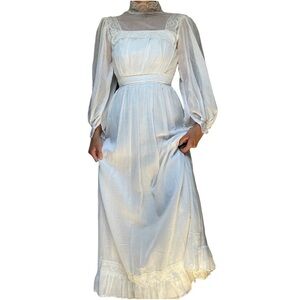 Vintage Victorian Prairie Boho Wedding Bridal White Lace Long Sleeve Dress XS/S